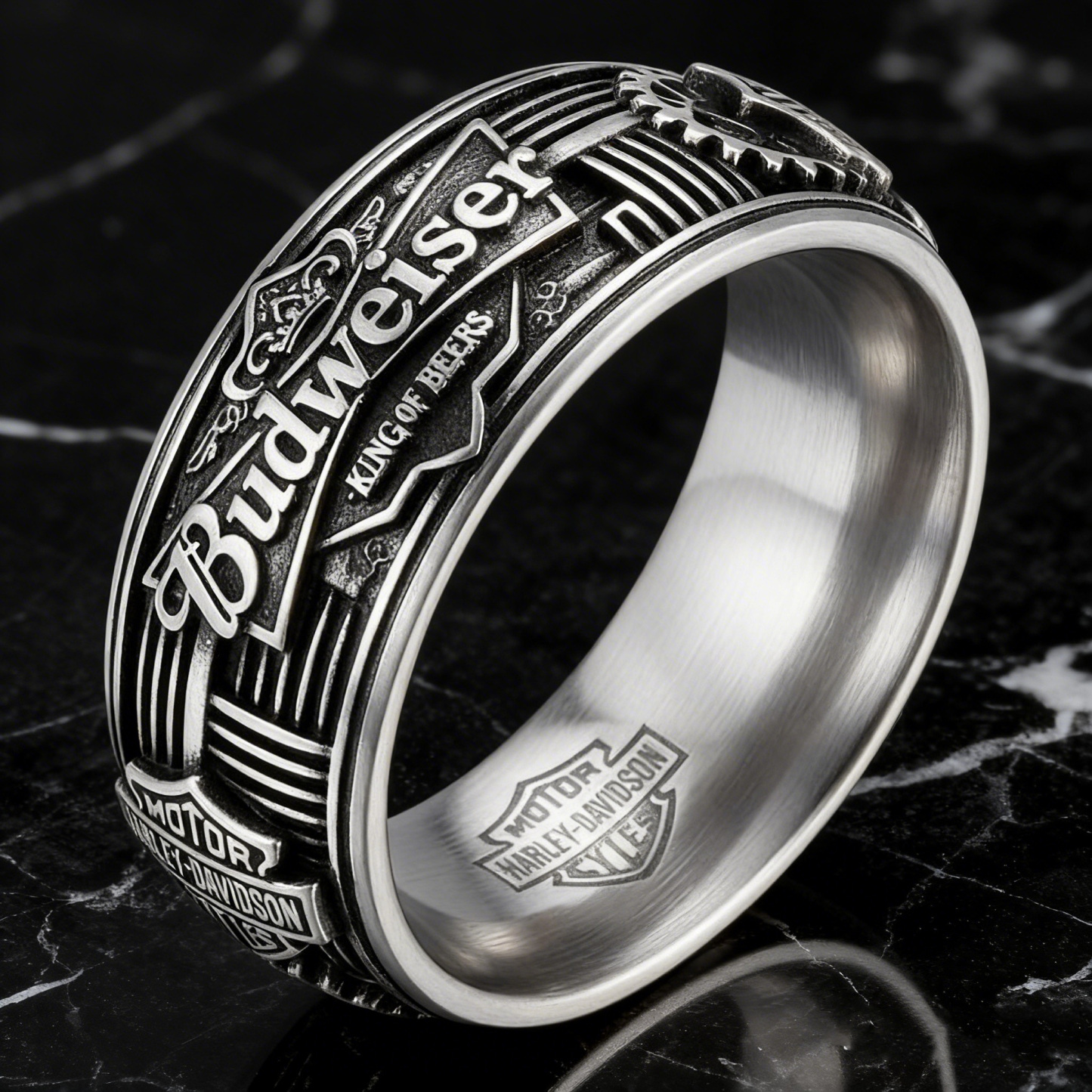 Vintage Rock Budweiser Harley Stainless Steel Biker Band Ring