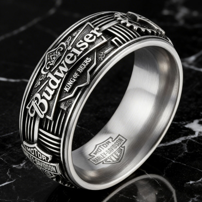 Vintage Rock Budweiser Harley Stainless Steel Biker Band Ring