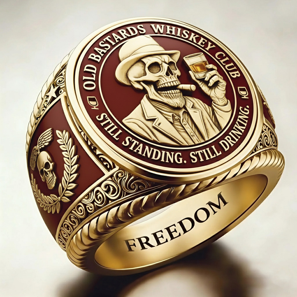 Vintage Gentleman Skeleton Whiskey Club Gold Plated Signet Ring