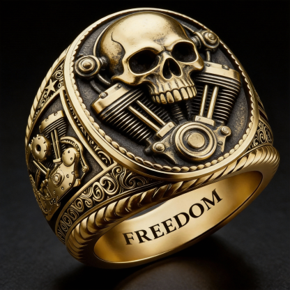 Hardcore mechanical engine detail freedom engraved silver biker signet ring