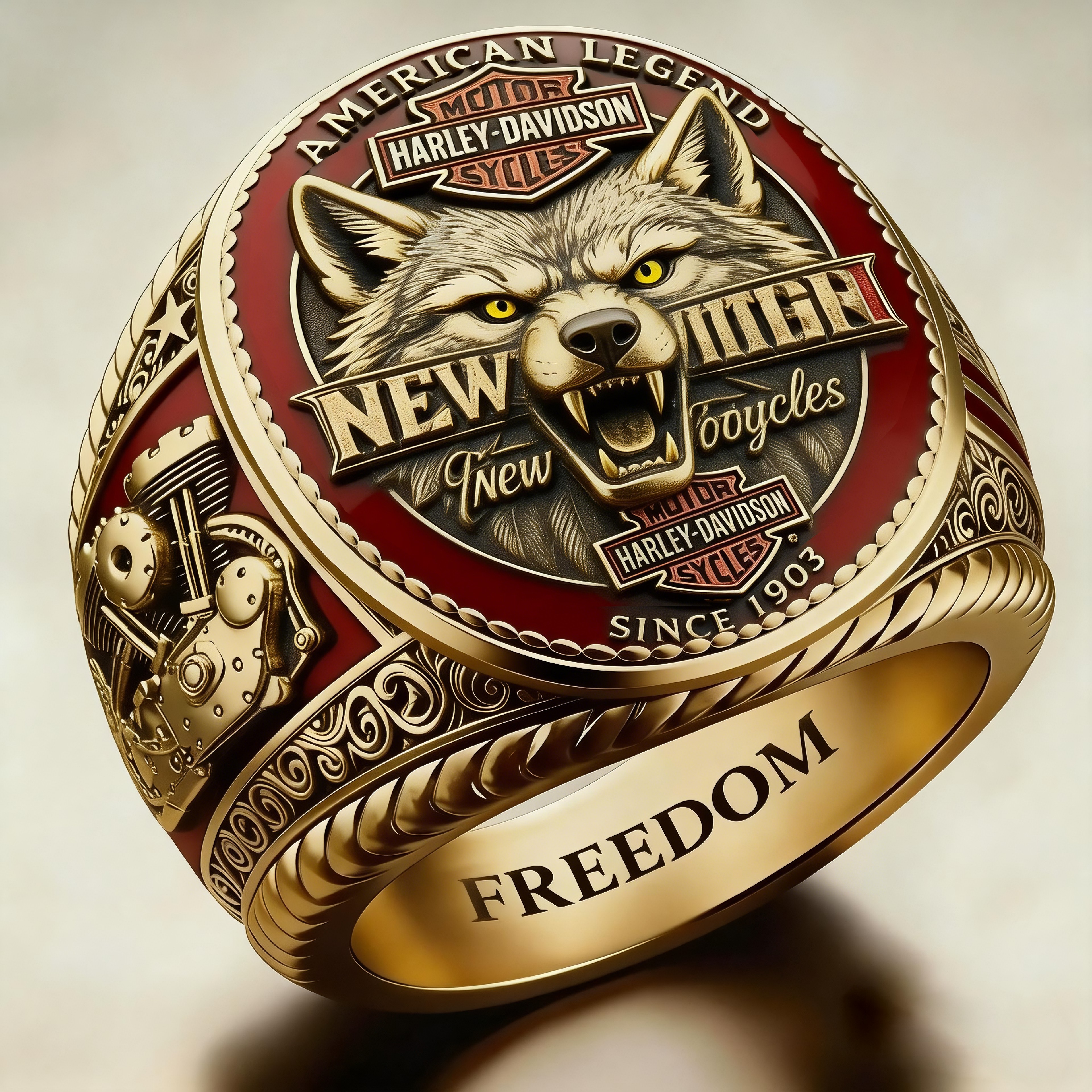 Biker patriotic eagle wings freedom engraved gold mechanical rider ring