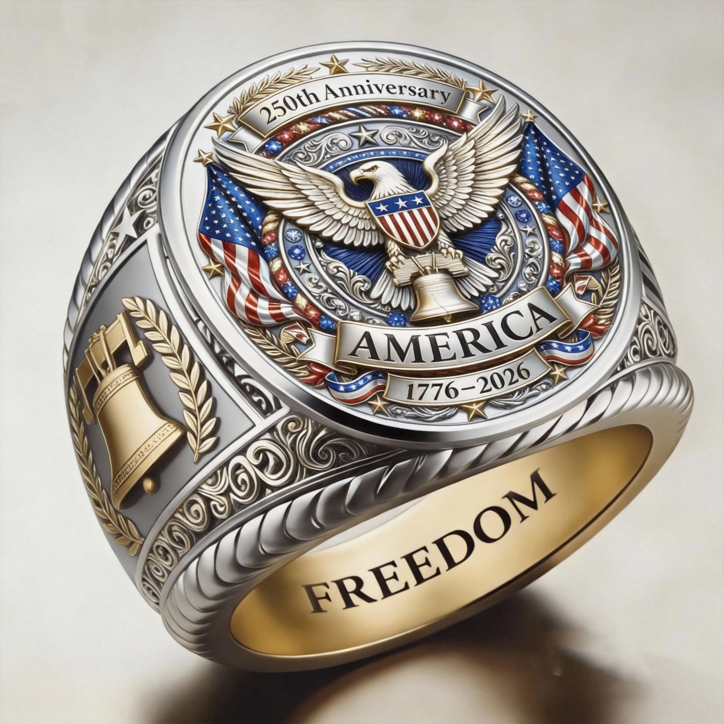 Classic Patriotic 250th Anniversary Silver Eagle Liberty Bell Ring