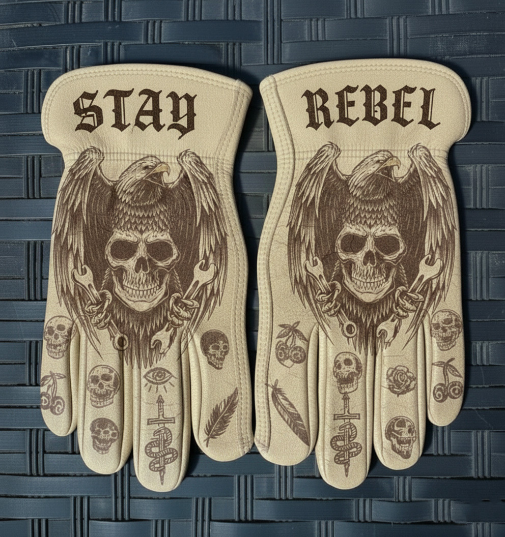 Old School Tattoo Eagle Skull Stay Rebel Tan Leather Gloves