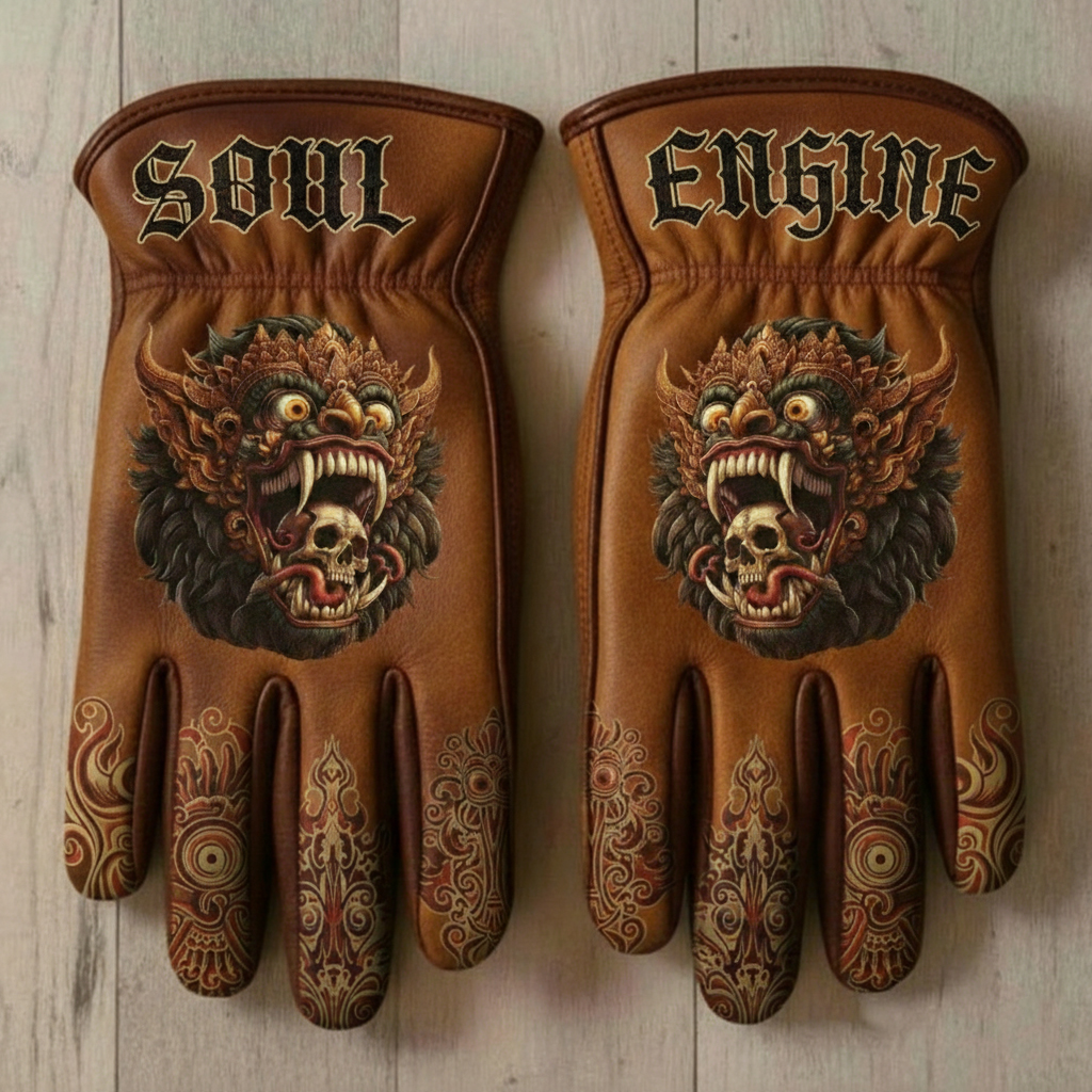 Balinese Barong Style Hand Painted Leather Motorcycle Riding Gloves