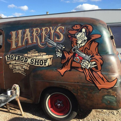 Vintage Skeleton Cowboy Hot Rod Shop Car Decal