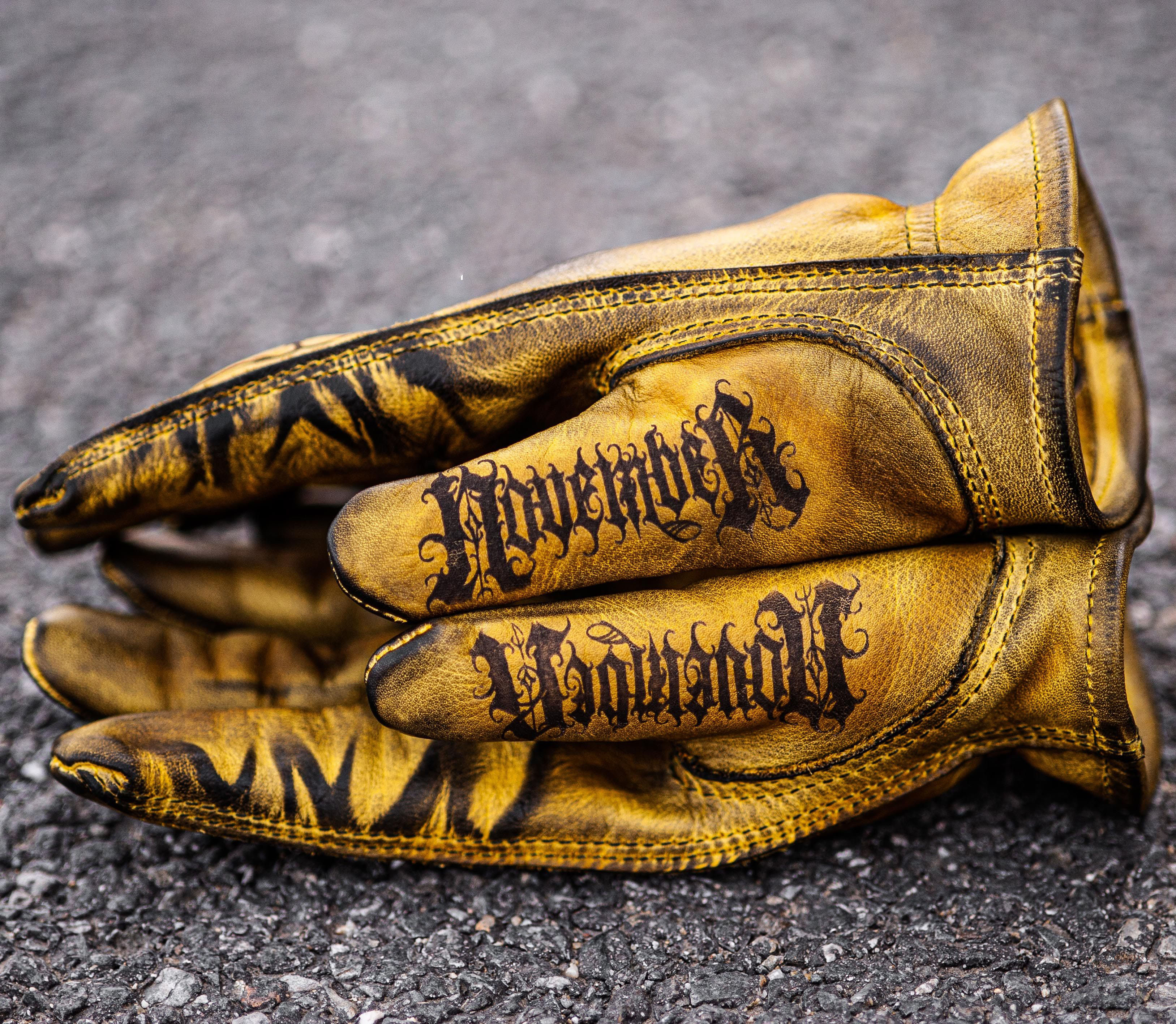 Gothic Urban Mustard Yellow Fossil Print Leather Streetwear Gloves