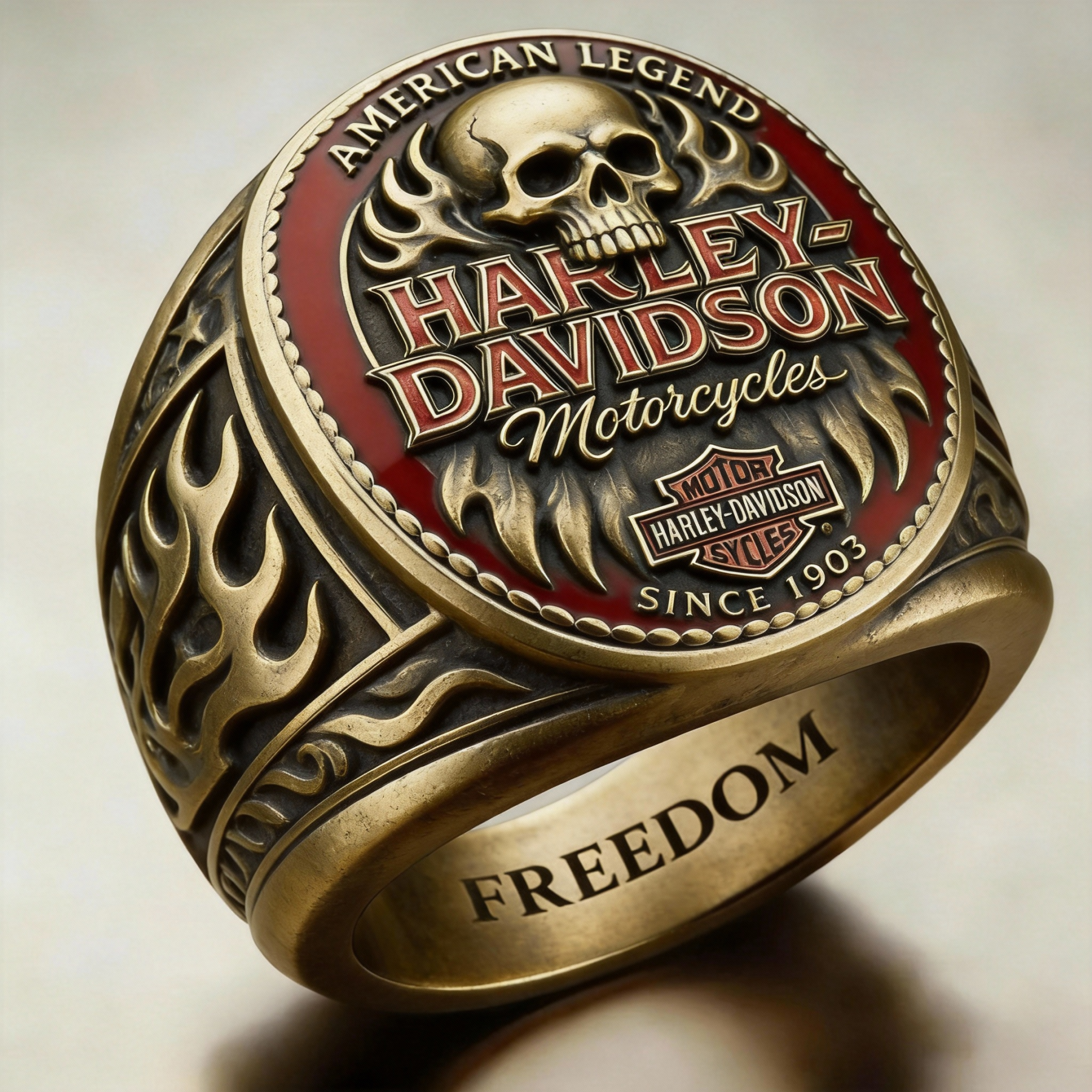 Biker Style Retro Gold Skull Freedom Lettering Mens Statement Ring