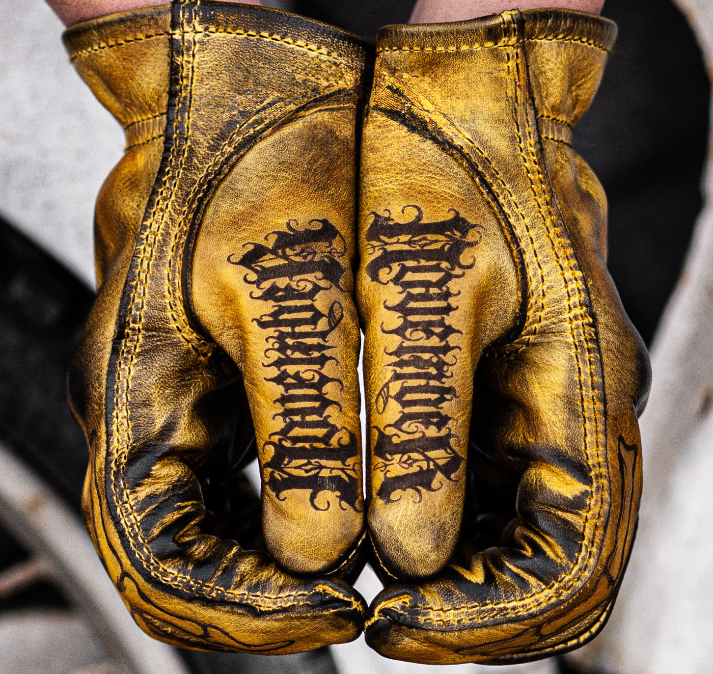 Gothic Urban Mustard Yellow Fossil Print Leather Streetwear Gloves