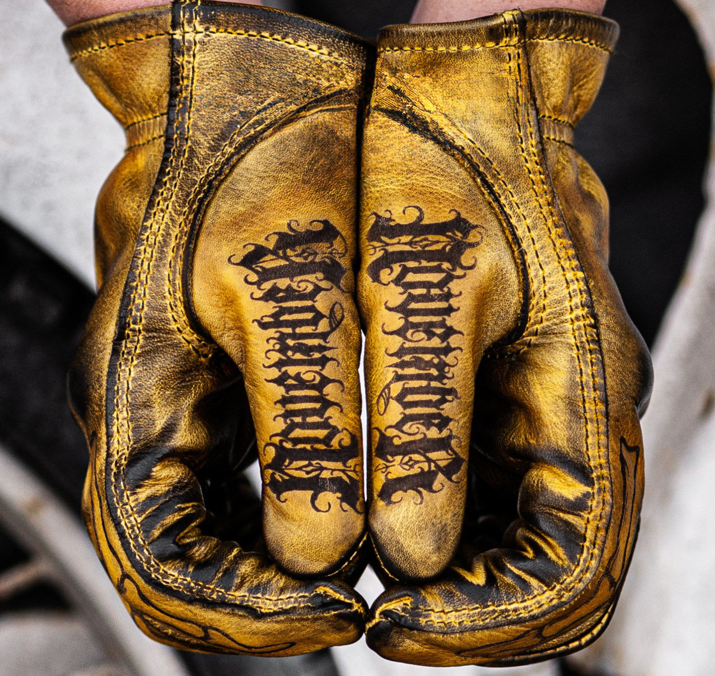 Gothic Urban Mustard Yellow Fossil Print Leather Streetwear Gloves