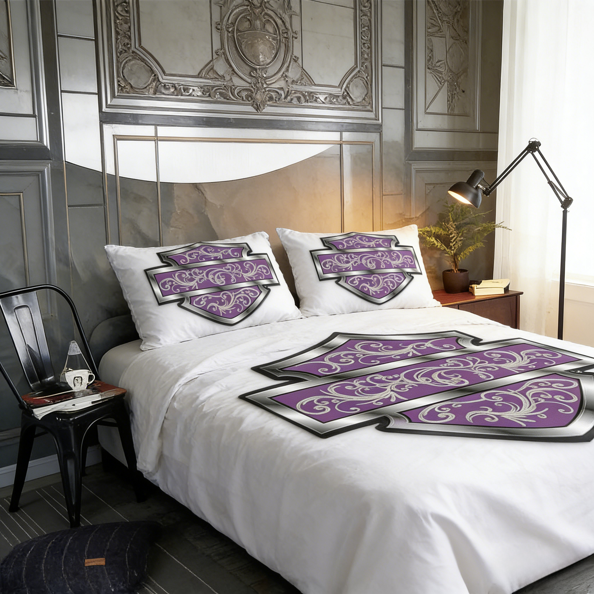 Retro Harley-Davidson style pattern 3-Piece Quilted Bedding Set