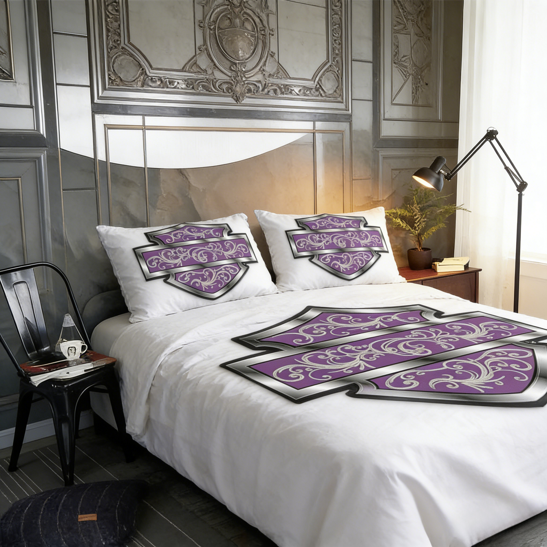 Retro Harley-Davidson style pattern 3-Piece Quilted Bedding Set