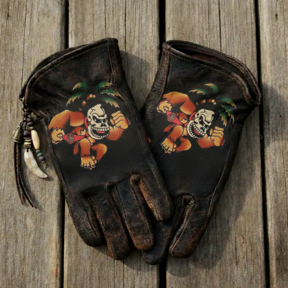 Tropical Skull Style Distressed Leather Gorilla Graphic Work Gloves