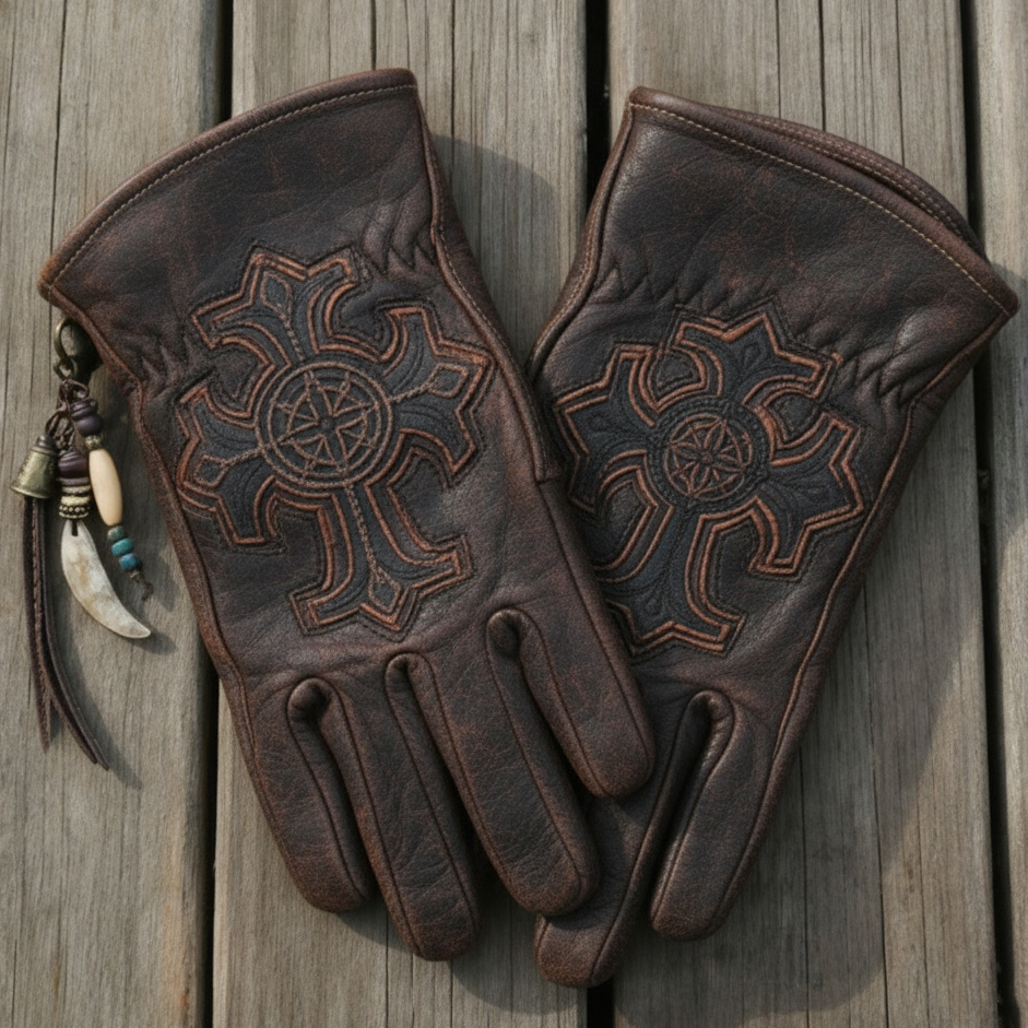 Medieval Gothic Celtic Cross Embossed Leather Heritage Riding Gloves