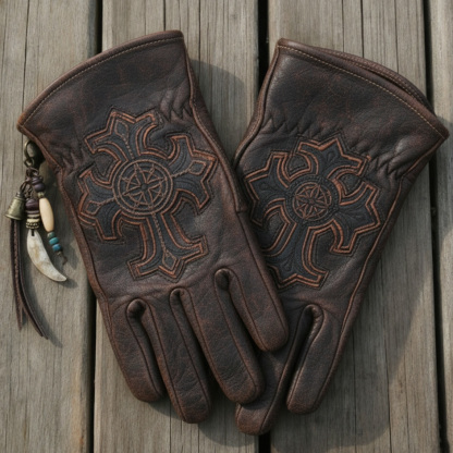 Medieval Gothic Celtic Cross Embossed Leather Heritage Riding Gloves