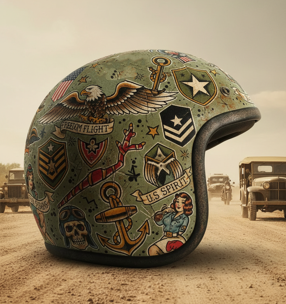 Vintage Military Tattoo Inspired Distressed Open Face Motorcycle Helmet