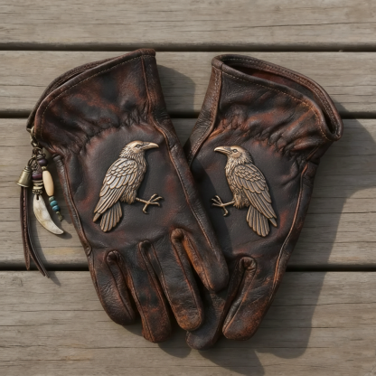 Gothic Mystery Style Distressed Leather Raven Relief Biker Gloves