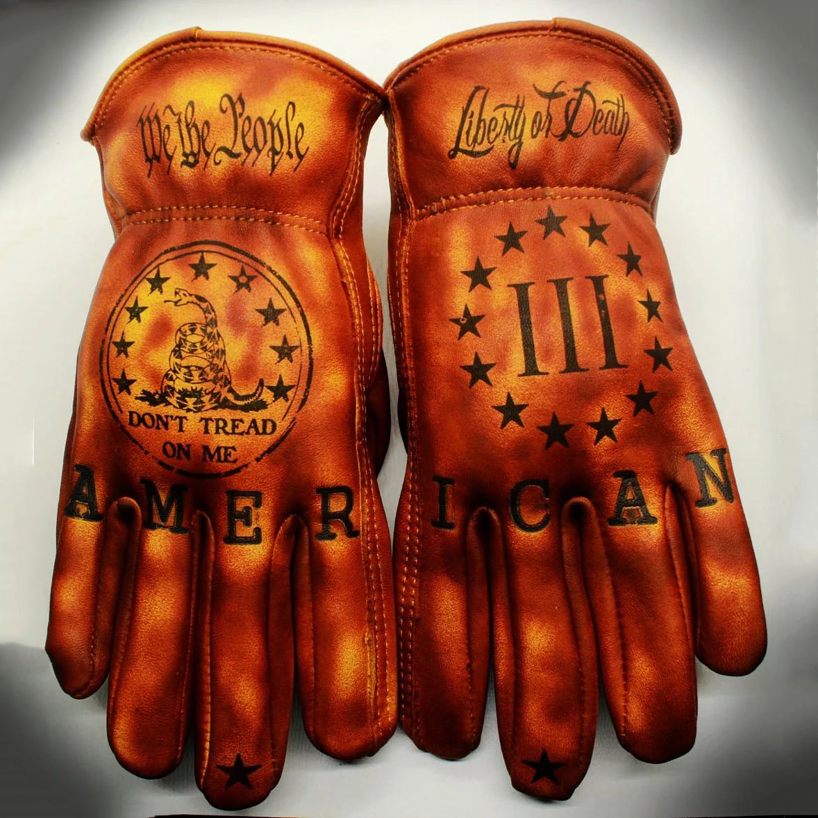 Patriotic Vintage Tan Leather Gadsden Flag Print Riding Gloves