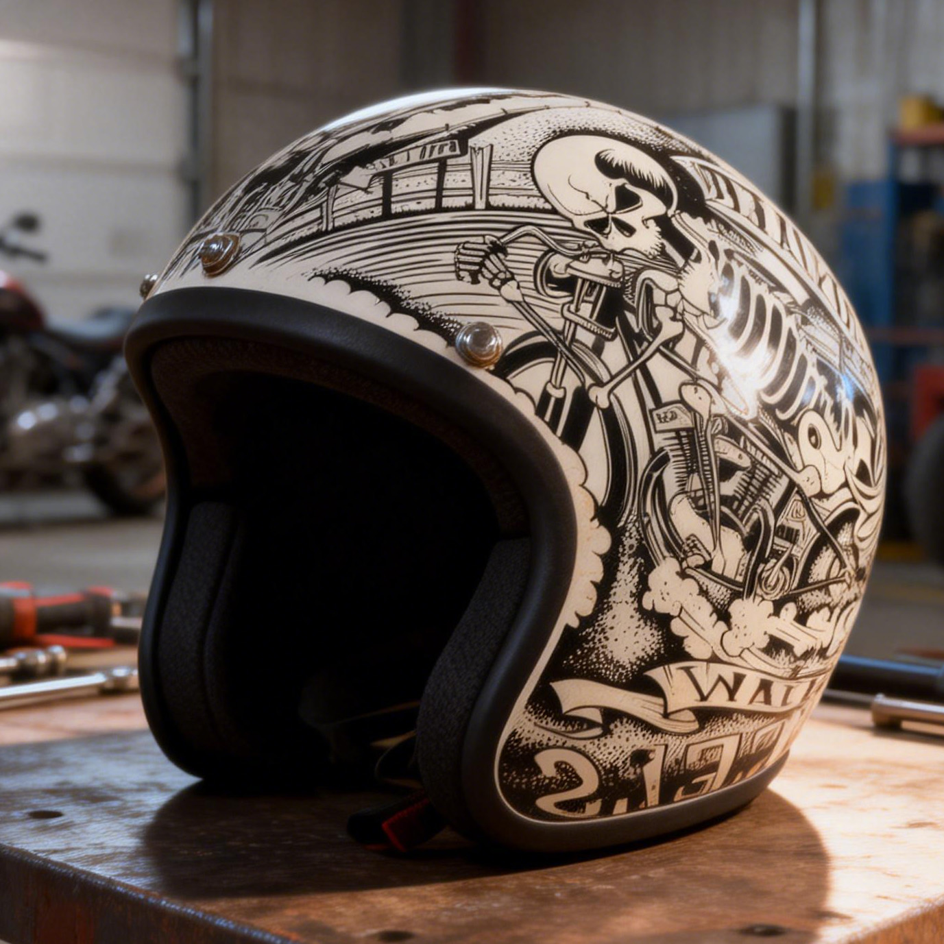 Old School Tattoo Art Skeleton Graphic Retro Open Helmet