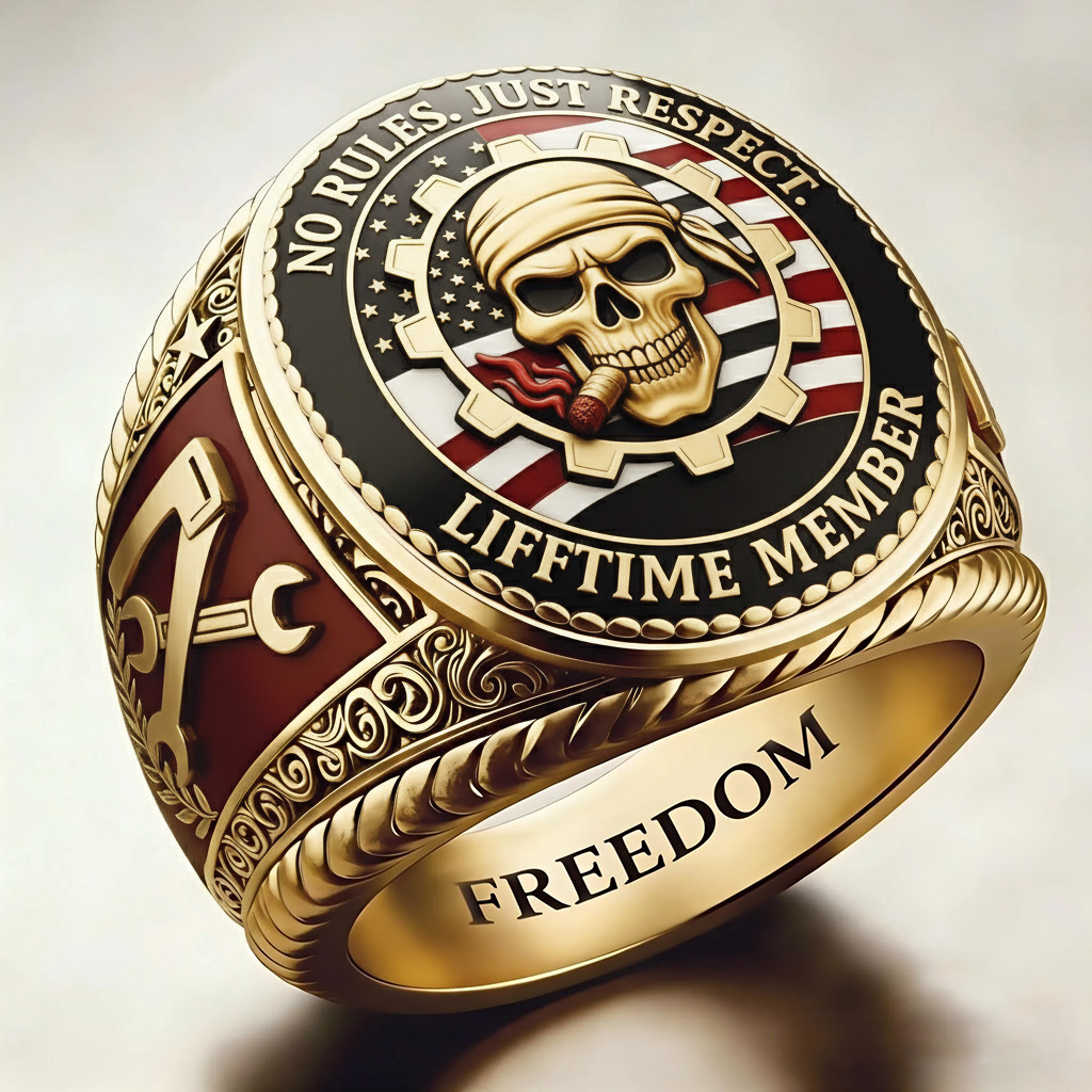 Patriotic American Flag Smoking Skull Gear Mechanic Signet Ring