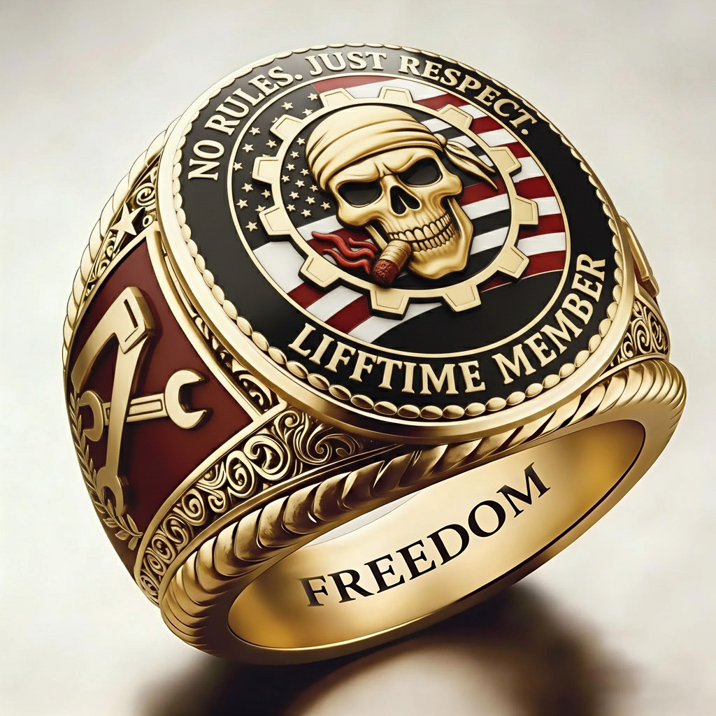 Patriotic American Flag Smoking Skull Gear Mechanic Signet Ring