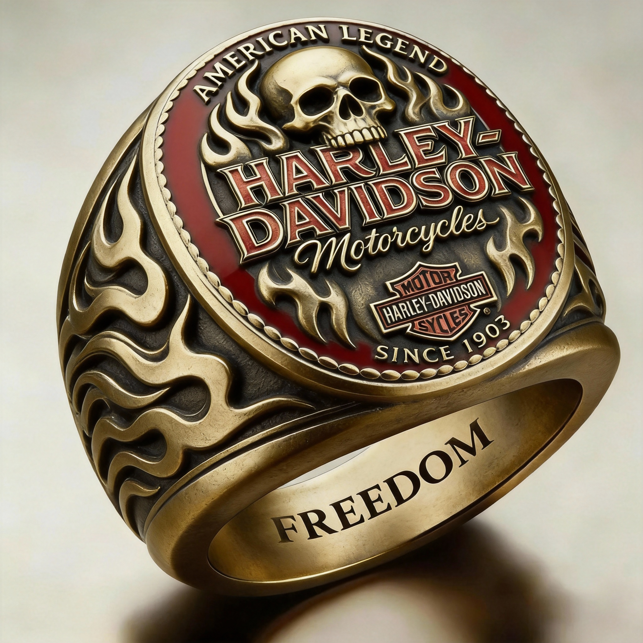 Biker Style Retro Gold Skull Freedom Lettering Mens Statement Ring