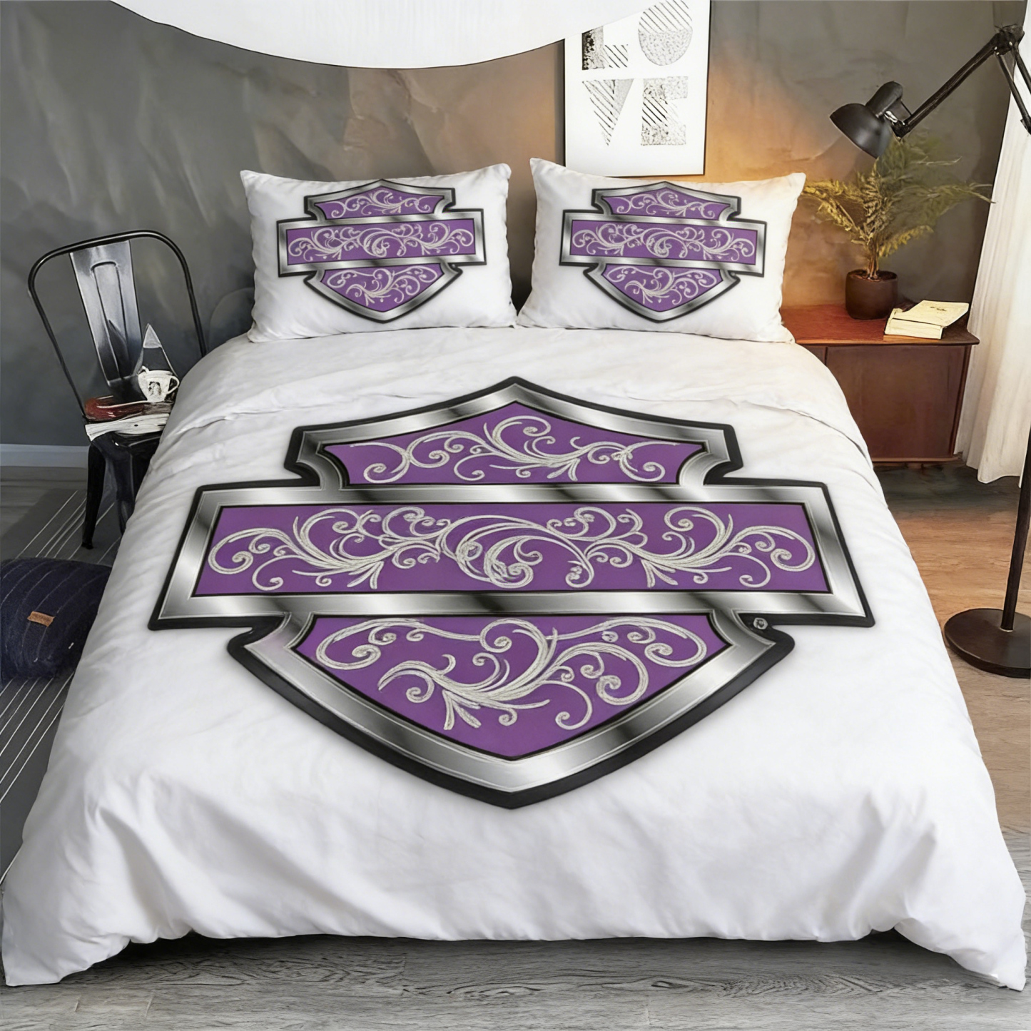 Retro Harley-Davidson style pattern 3-Piece Quilted Bedding Set