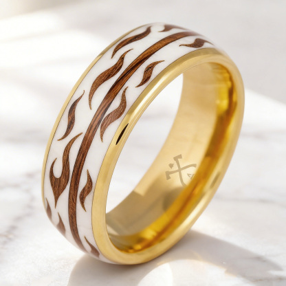 Biker Style Gold Band With Wooden Flame Inlay Marble Ring