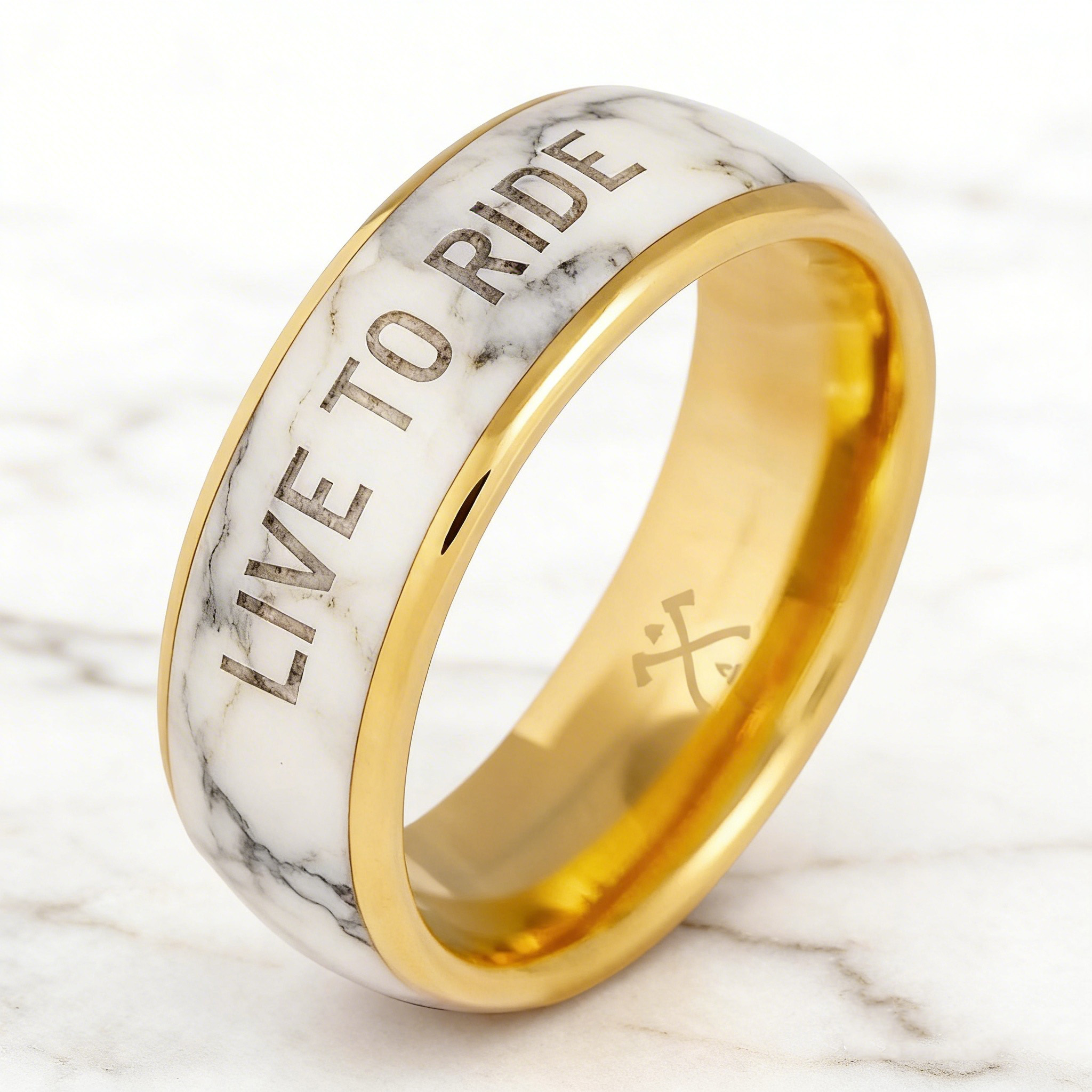 Biker Style Marble Band With Live To Ride Text Ring