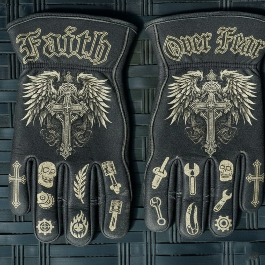 Gothic Biker Faith Over Fear Winged Cross Leather Work Gloves