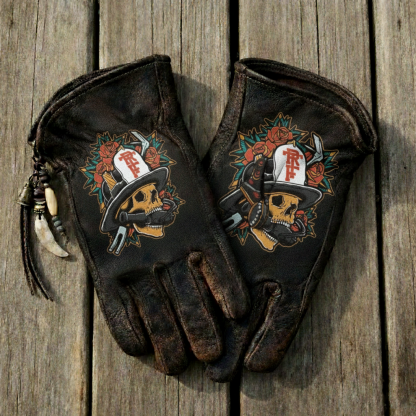 Macabre Distressed Leather Biker Gloves with Firefighter Skull Art