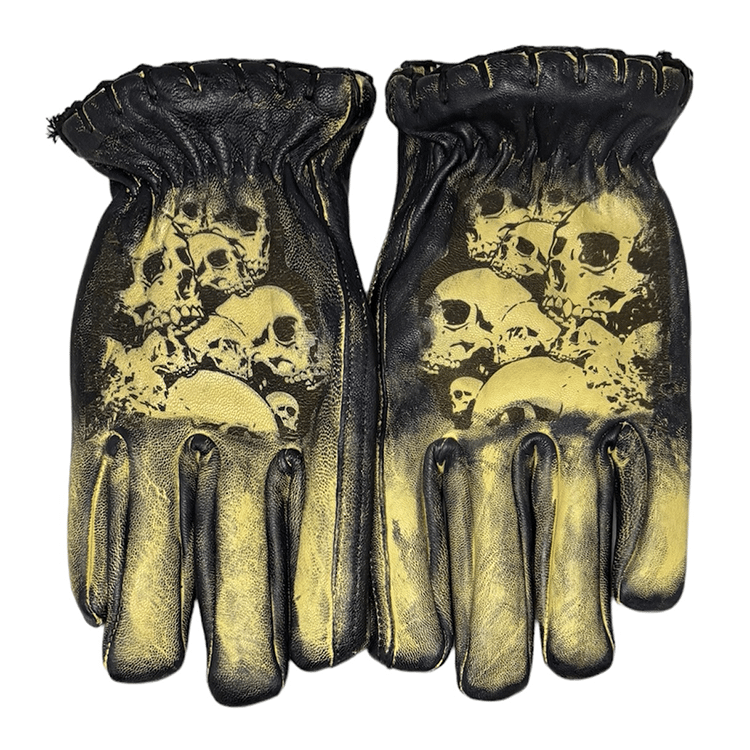 Gothic Distressed Black Leather Yellow Skull Graphic Biker Gloves