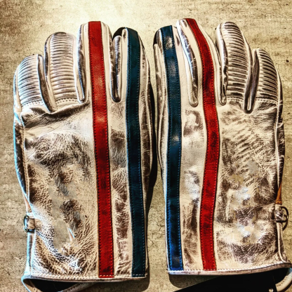 Retro Racing White Distressed Leather Red Blue Stripe Biker Gloves