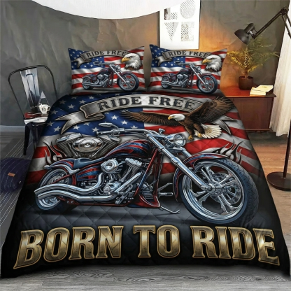 Patriotic Biker Born To Ride American Flag Motorcycle 3-Piece Quilted Bedding Set
