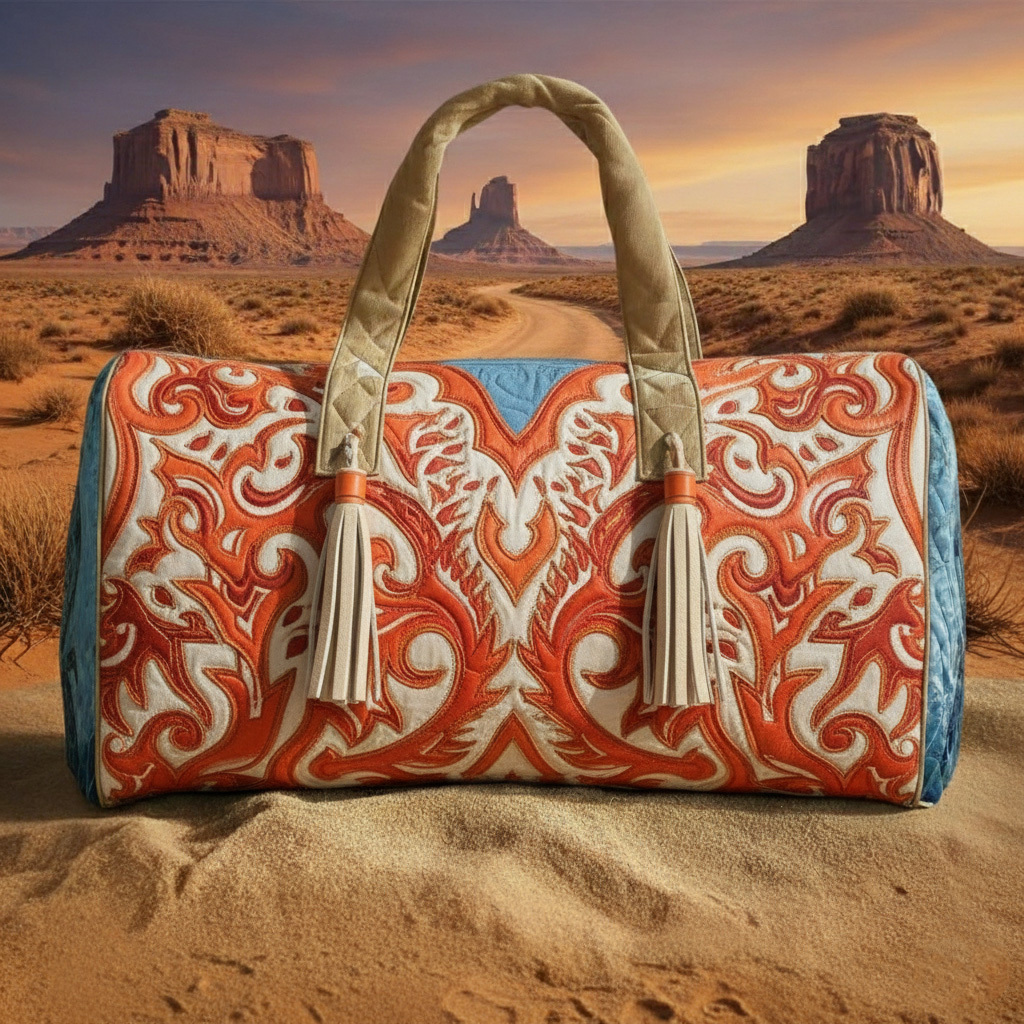 Southwestern Tooled Filigree Embroidered Tassel Canvas Weekend Duffle Bag
