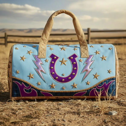 Vintage Western Cowgirl Blue Denim Star Studded Duffel Bag