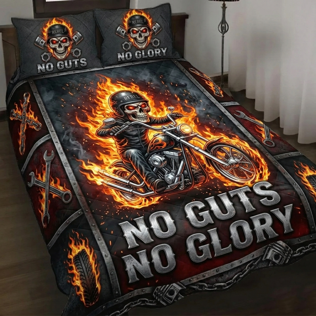 Gothic Biker Flaming Skull Motorcycle Rider 3-Piece Quilted Bedding Set