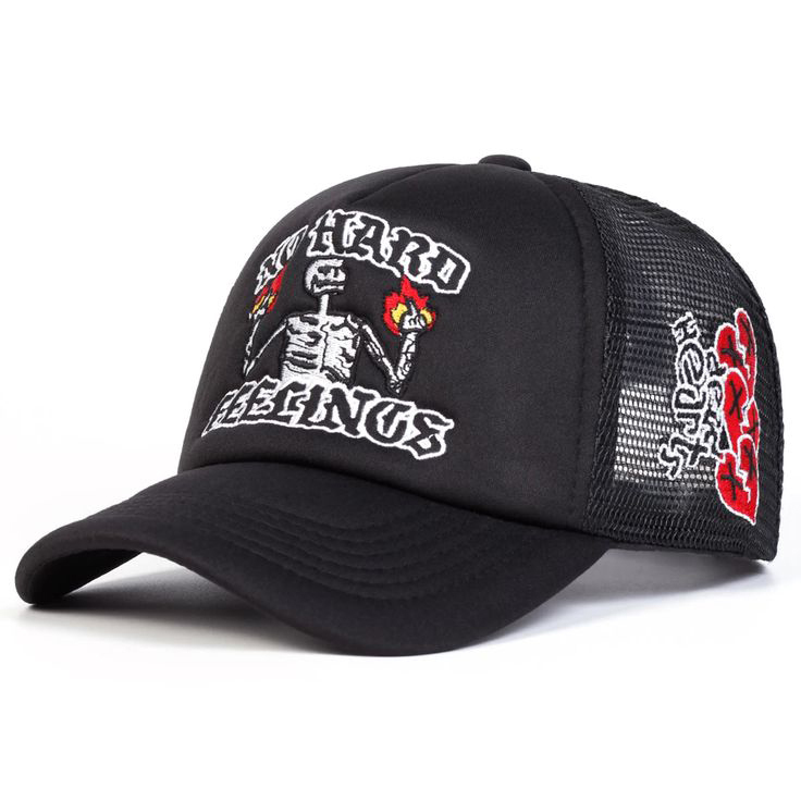 Streetwear Punk Skull Flame Graphic Mesh Back Adjustable Trucker Hat