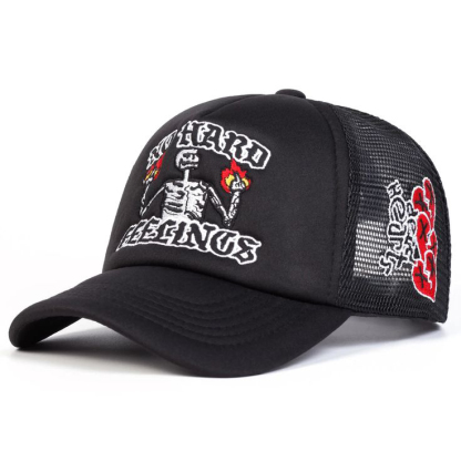 Streetwear Punk Skull Flame Graphic Mesh Back Adjustable Trucker Hat