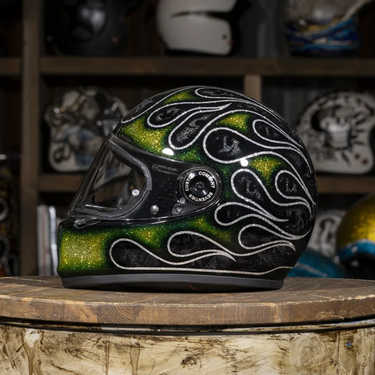 Retro Green Flame Glitter Skull Graphic Full Face Helmet