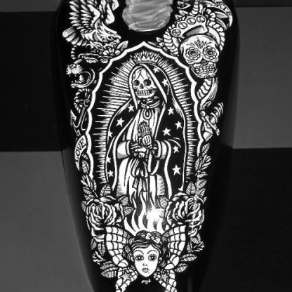 Chicano Santa Muerte Skull Graphic Black White Motorcycle Gas Tank Decal