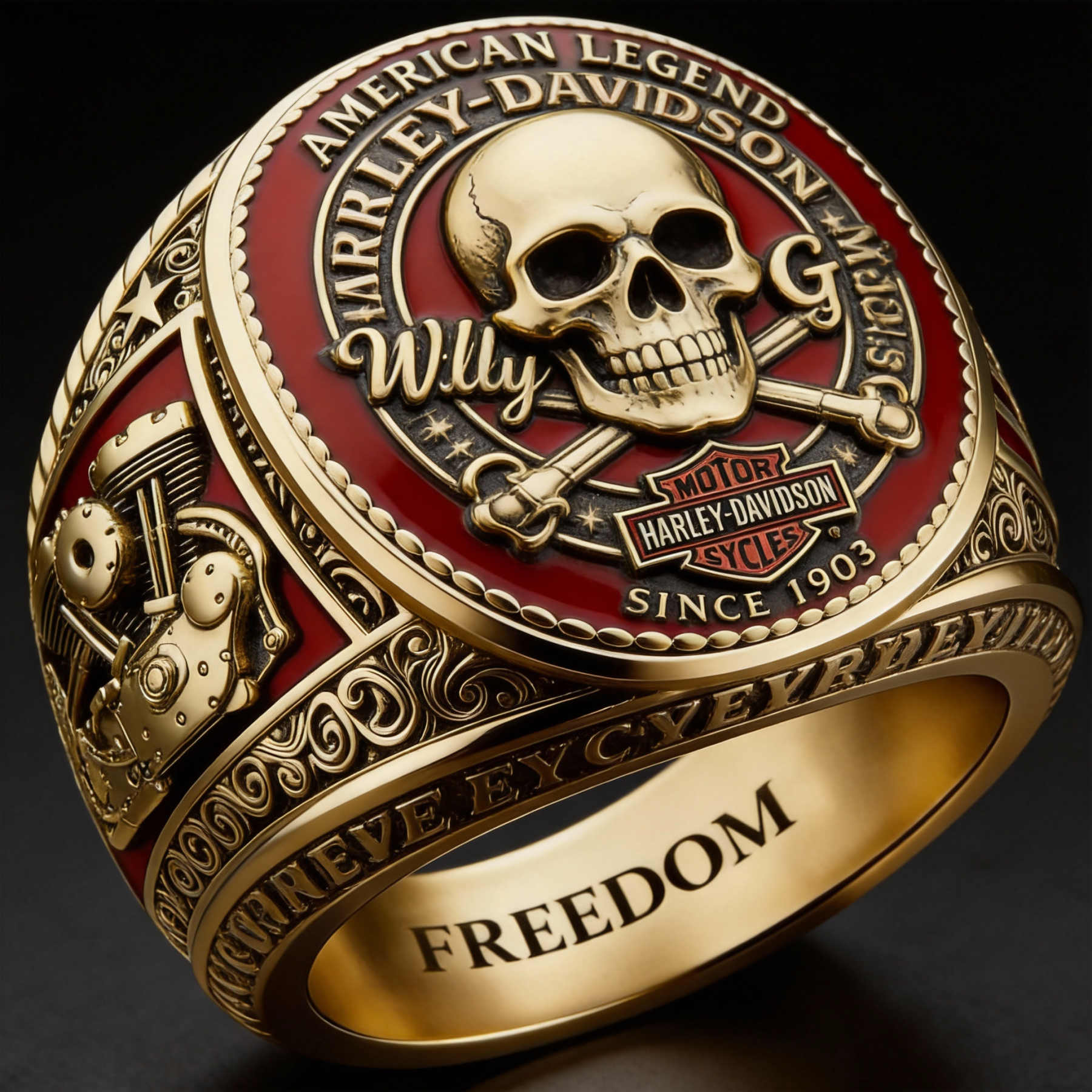 Biker Style Octagon Silver Freedom Skull Engine Mens Statement Ring