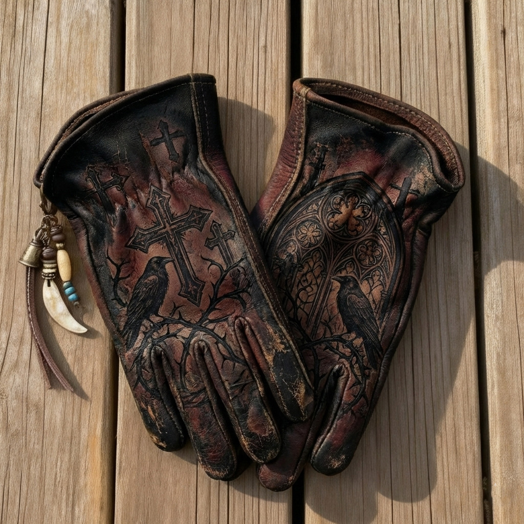 Gothic Vintage Crow and Cross Embossed Leather Rider Gloves