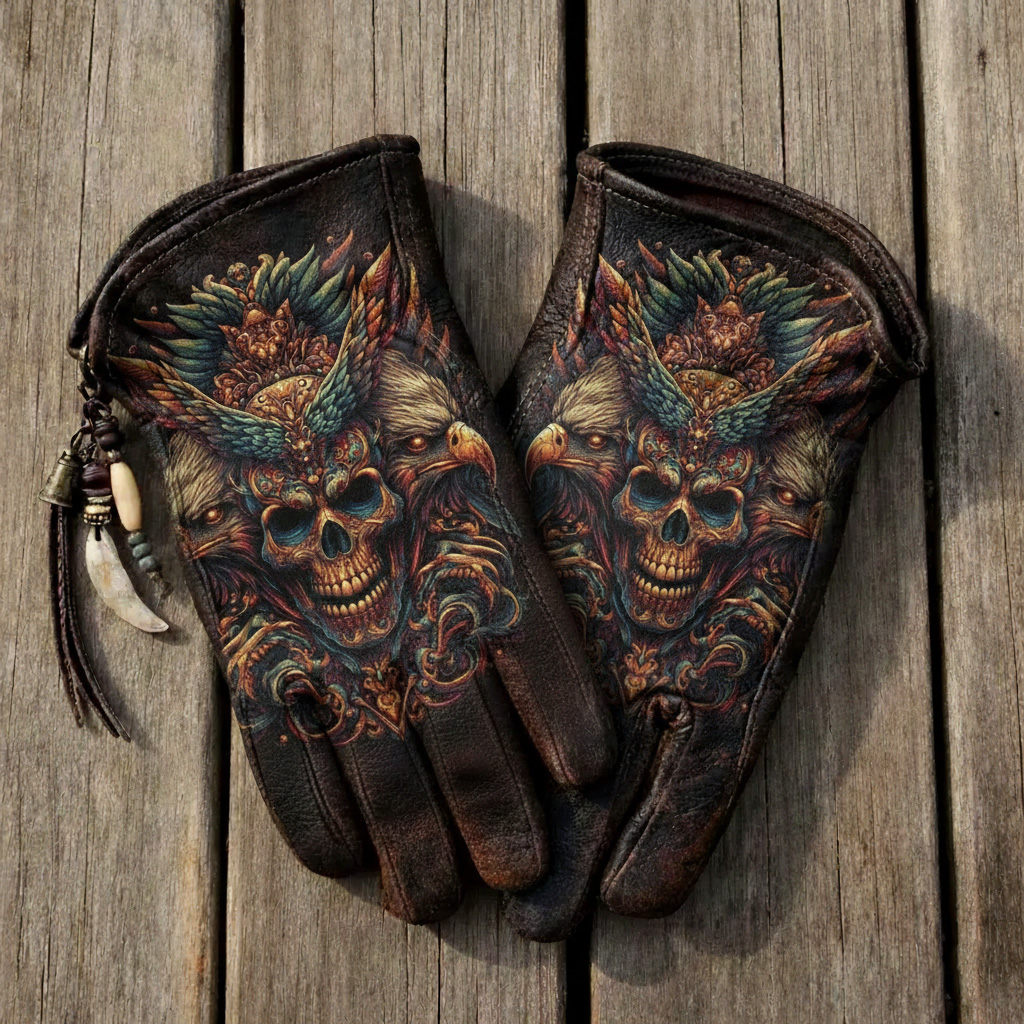 Gothic Dark Fantasy Skull and Eagle Ornate Embossed Leather Gloves