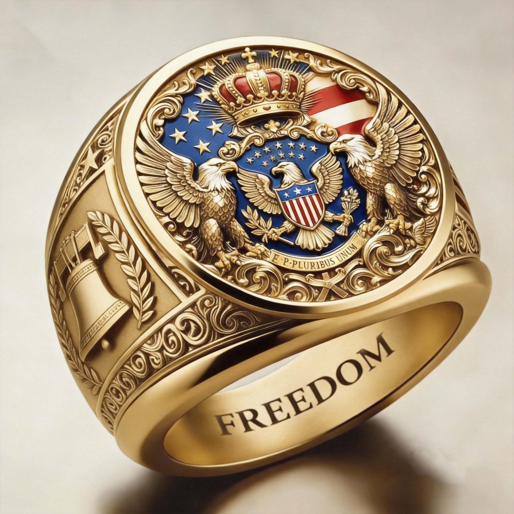 Regal Patriotic Imperial Eagle American Flag Freedom Signet Ring