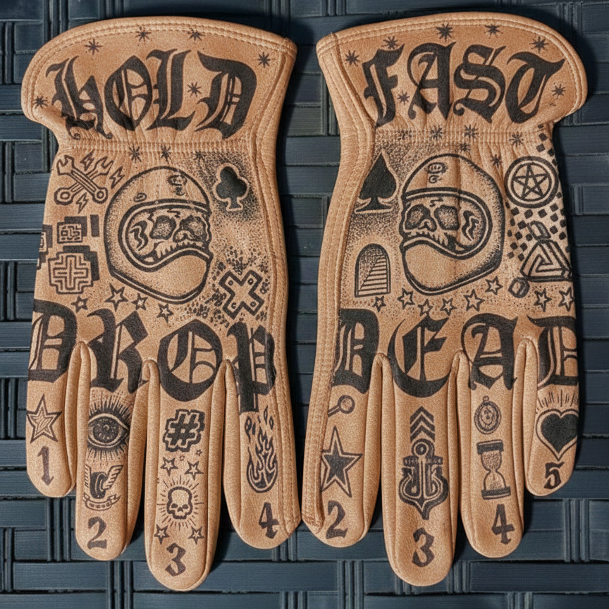 Tattoo Art Style Hold Fast Drop Dead Printed Biker Gloves