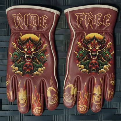Tattoo Art Oriental Dragon Ride Free Red Leather Biker Gloves
