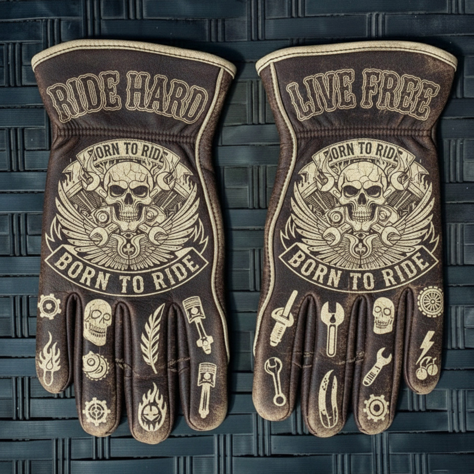Classic Outlaw Aesthetic Born To Ride Engraved Leather Biker Gloves