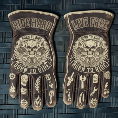 Classic Outlaw Aesthetic Born To Ride Engraved Leather Biker Gloves