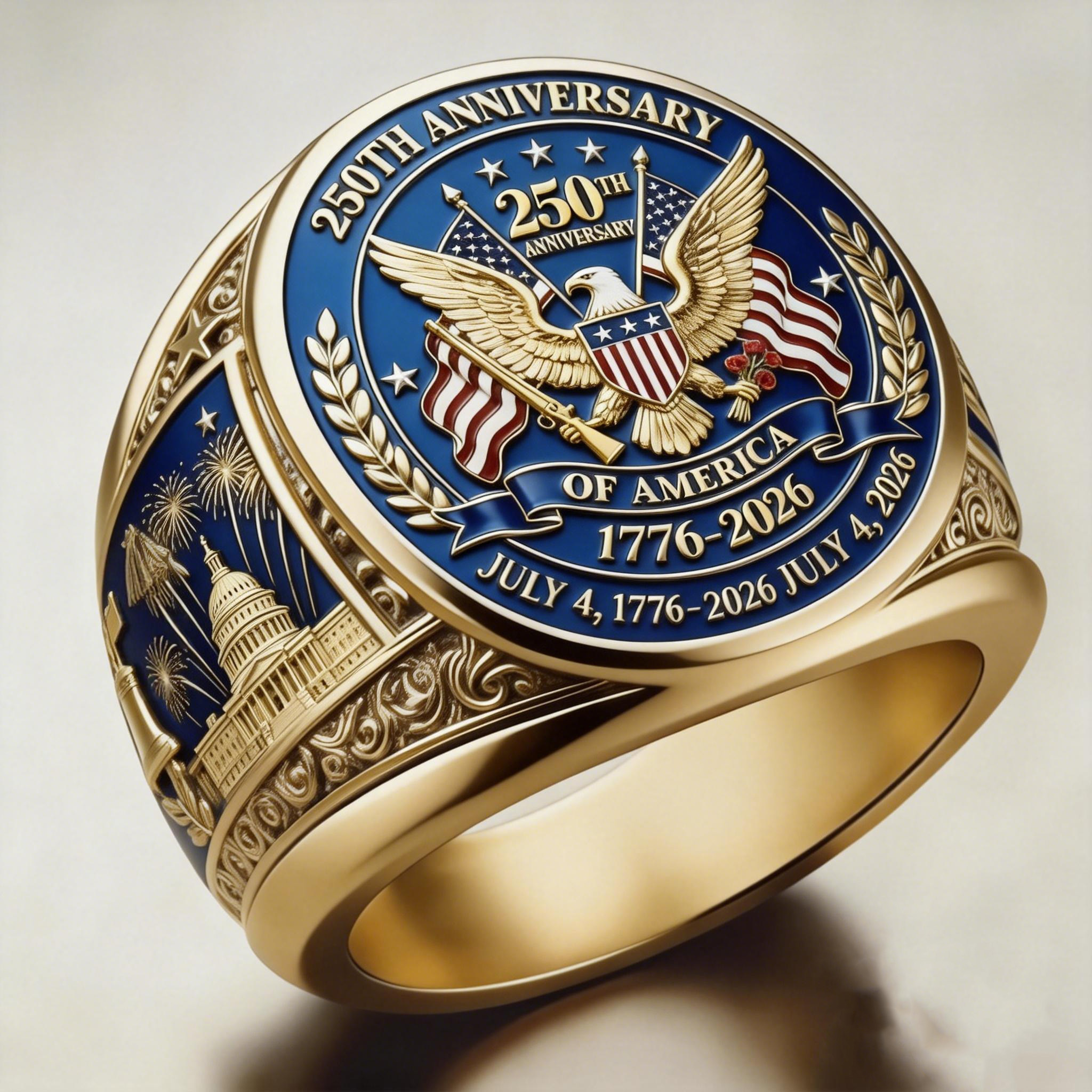 Patriotic Gold Semi-Quincentennial Commemorative American Eagle Men's Ring