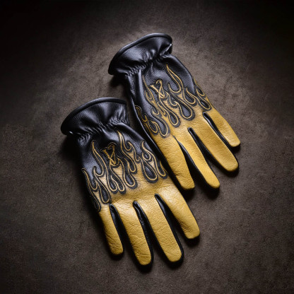 Vintage Workwear Yellow Flame Contrast Genuine Leather Biker Gloves
